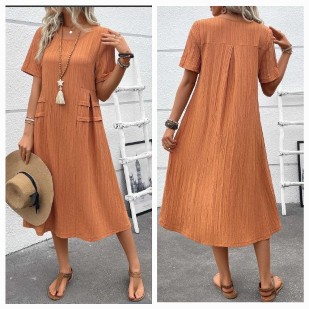 Womens Textured Midi Dress Sz L Crinkle Rust Short Sleeve A-Line Boho Lagen Look
